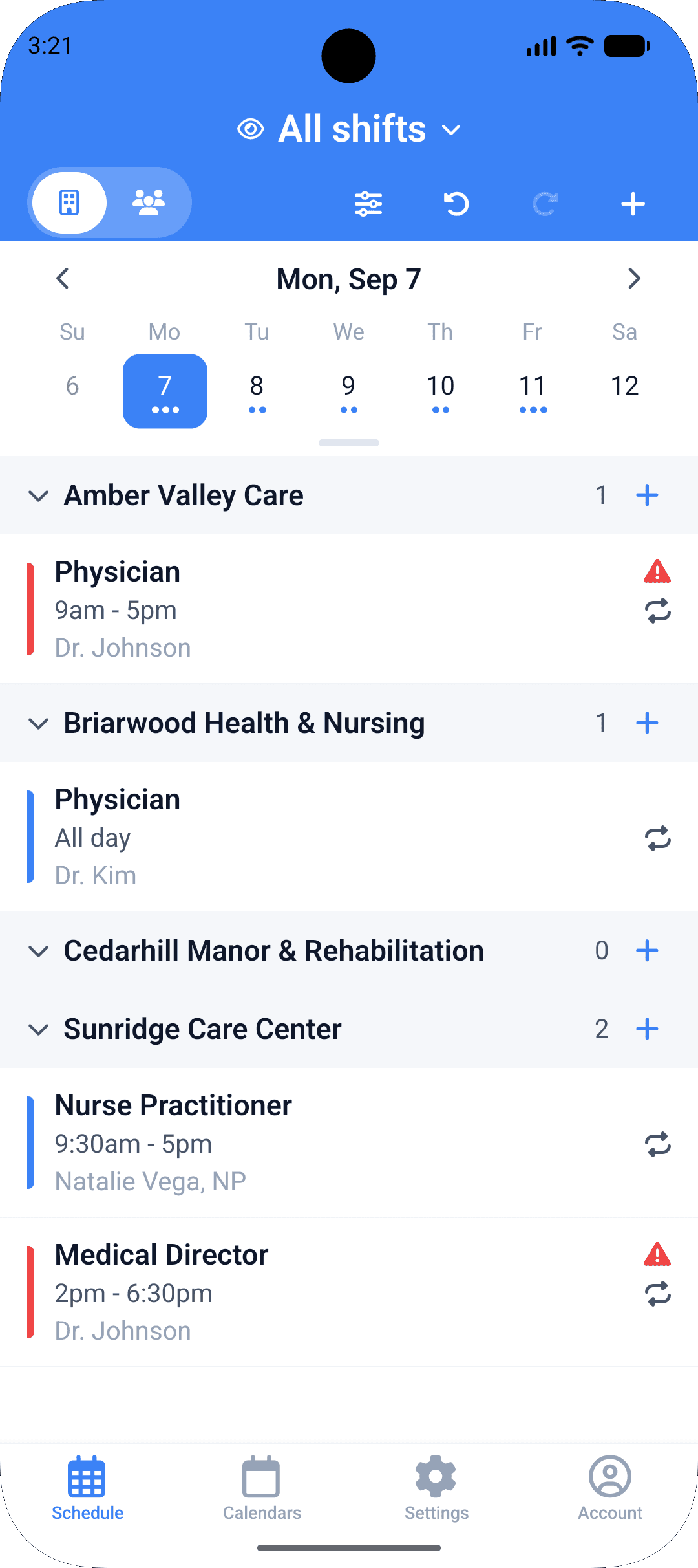 ClinicShifts mobile app showing one day's shifts grouped by facility, with undo, redo and add buttons