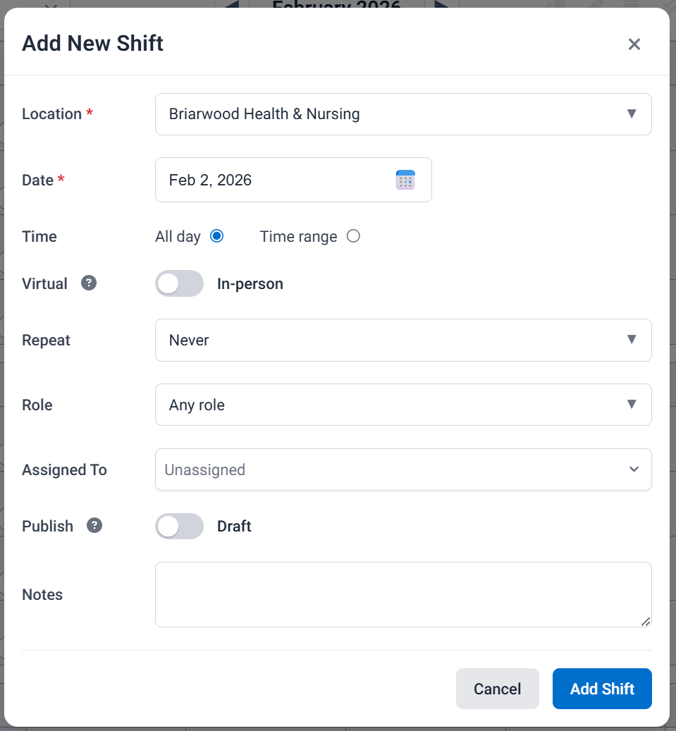 Add New Shift dialog