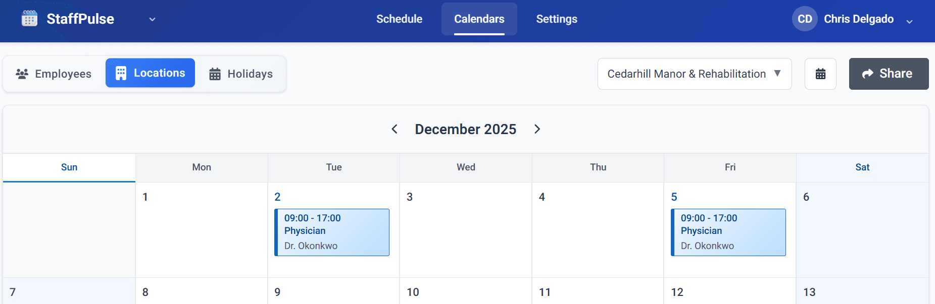 Location calendar view