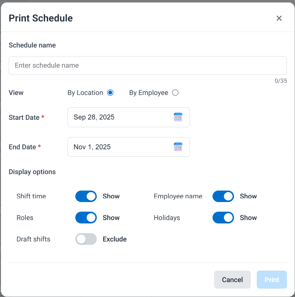 Print schedule dialog