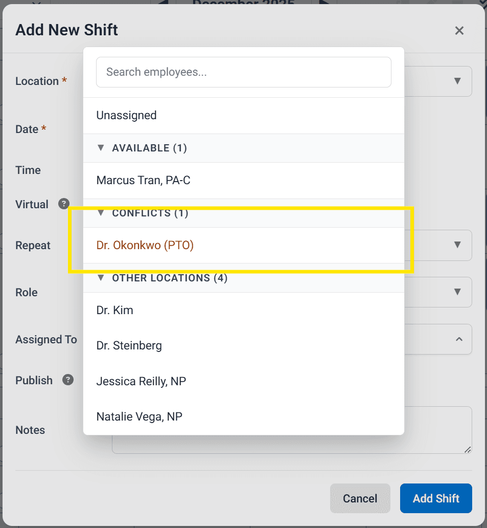 PTO indicator in Assigned To dropdown