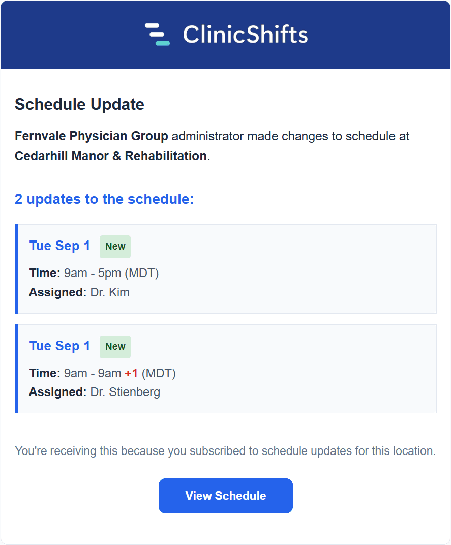 Schedule update email sent to a subscriber