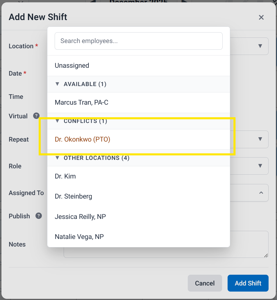 PTO indicator in Assigned To dropdown